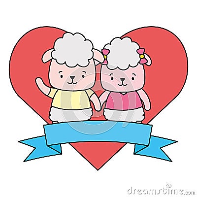 cute couple sheep animals heart love ribbon Cartoon Illustration