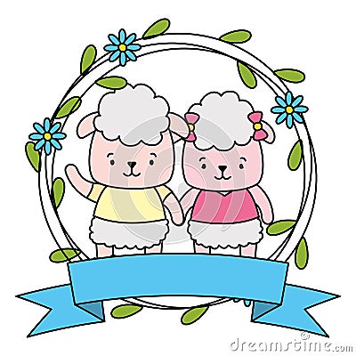 cute couple sheep animals wreath flowers Cartoon Illustration