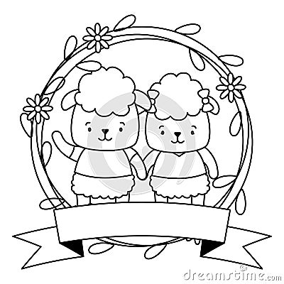 cute couple sheep animals wreath flowers Cartoon Illustration