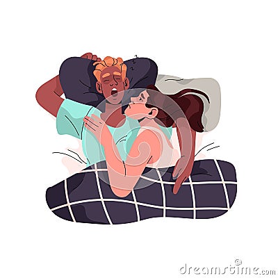 Cute couple sleep in bed. Asleep man snoring, sleepy woman lying with insomnia, top view. People relax, rest and cuddle Vector Illustration