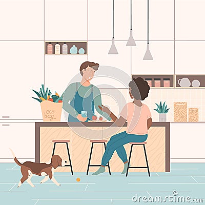 Cute couple spending time together in kitchen,cooking and chatting Vector Illustration