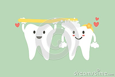 Cute couple tooth are brushing teeth with heart Vector Illustration