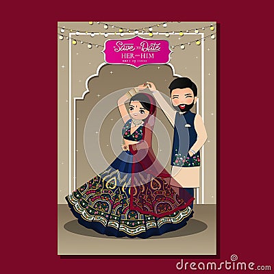 Cute couple in traditional indian dress cartoon character.Romantic wedding invitation card Vector Illustration