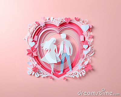 Cute couple, Valentine's Day and wedding, paper art, paper cut generative ai illustration art Cartoon Illustration