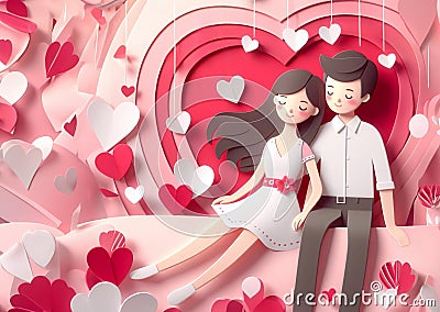 Cute couple, Valentine's Day and wedding, paper art, paper cut generative ai illustration art Cartoon Illustration