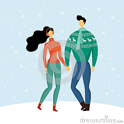 Cute couple in warm cozy sweaters holding hands, enjoying the love and snowy winter. Man and woman welcome Christmas and New year Vector Illustration