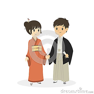 Cute Couple Wearing Japnanese Traditional Dress Vector Vector Illustration