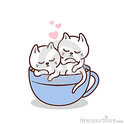 Cute couple white cat inside coffee cup Vector Illustration