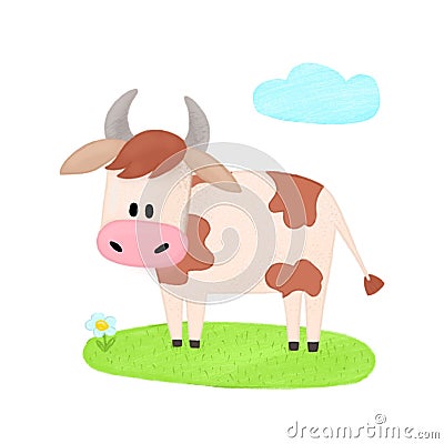 Cute cow animal. spotted cow standing on green Cartoon Illustration