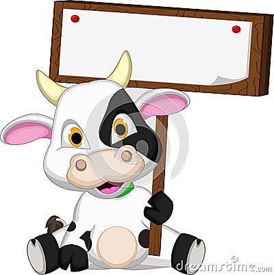 Cute cow cartoon with blank board Stock Photo