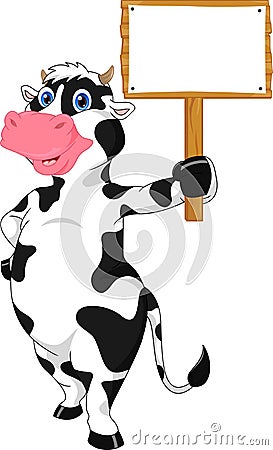 Cute cow cartoon and blank sign Vector Illustration