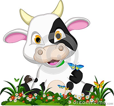 Cute cow cartoon on flower garden Stock Photo