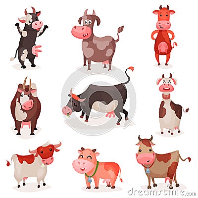 Cute cow characters set, funny cows in different positions cartoon vector Illustrations Vector Illustration