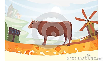Cute cow with milk river Vector illustration. colorful landscape fith farm. cartoon mammal animal Vector Illustration