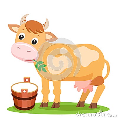 Cute Cow And Milk On A White Background. Vector Illustration