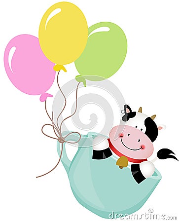 Cute cow in teacup with balloons Vector Illustration