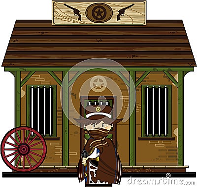 Cute Cowboy Sheriff at Jail Vector Illustration