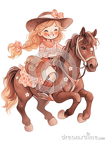 Cute cowgirl riding a beautiful adorable horse. limited color palette illustration. Simple, childish, adorable character. Isolated Cartoon Illustration