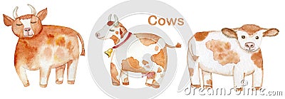 Cute cows. Farm animals. Hand drawn Watercolor elements. Stock Photo