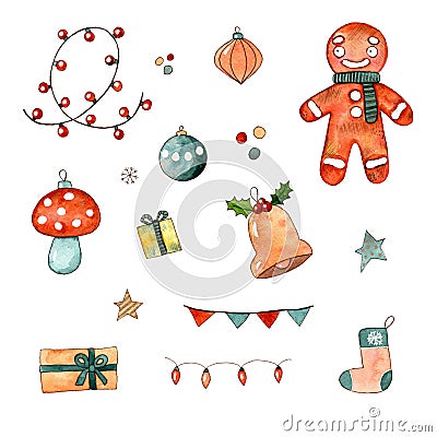 Cute cozy christmas gingerbread manr cookie, bell, gifts, stars, ornaments hand drawn watercolor sticker set. Stock Photo
