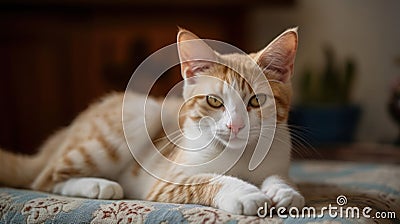 A ginger and white kitten lounging on a cushion created with Generative AI Stock Photo