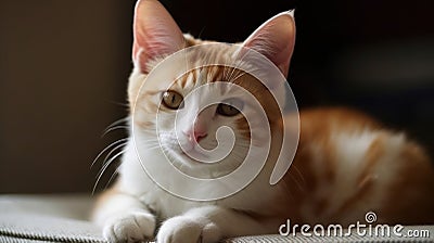 A ginger and white kitten lounging on a cushion created with Generative AI Stock Photo