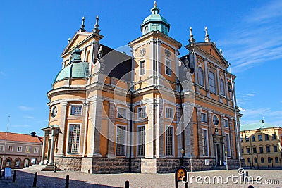 Cute and cozy houses of Scandinavian architecture on a street in the center of Kalmar Editorial Stock Photo