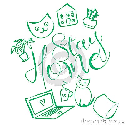 Cute and cozy illustration with text `stay home` Vector Illustration