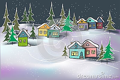 Cute cozy night winter landscape caramel multicolored houses and firs in snow drifts. Vector Illustration