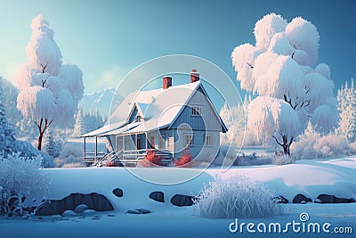 Cute cozy snowy winter house Holiday Christmas Cottage Generative AI Stock Photo