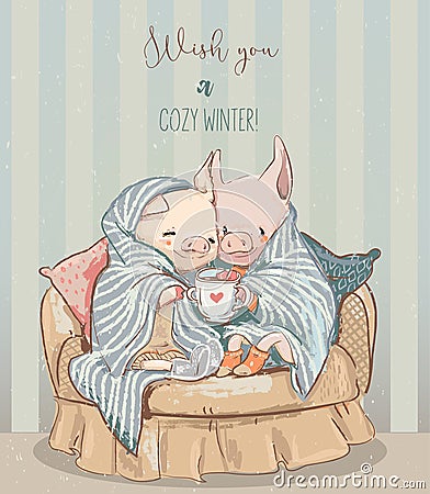 Cute cozy winter couple of pigs. vector art Vector Illustration