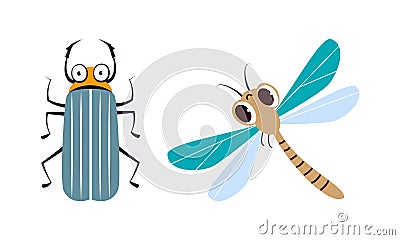 Cute Crawling Beetle and Flying Dragonfly as Garden Bug Vector Set Vector Illustration