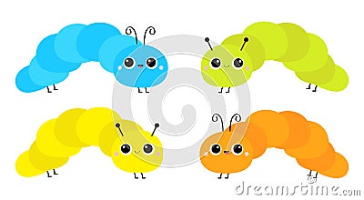 Cute crawling catapillar bug set. Caterpillar insect icon. Cartoon funny kawaii baby animal character. Colorful bright yellow blue Vector Illustration