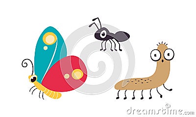 Cute Crawling Caterpillar and Flying Butterfly as Garden Bug Vector Set Vector Illustration