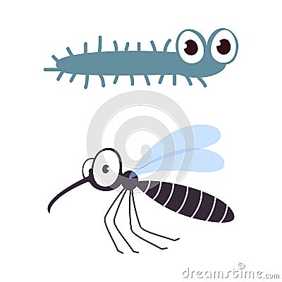 Cute Crawling Caterpillar and Flying Mosquito as Garden Bug Vector Set Vector Illustration