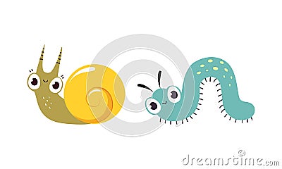 Cute Crawling Caterpillar and Snail with Spiral Shell as Garden Bug Vector Set Stock Photo