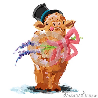 Cute Crazy Calf with Hat and Bow - Watercolor Illustration Stock Photo