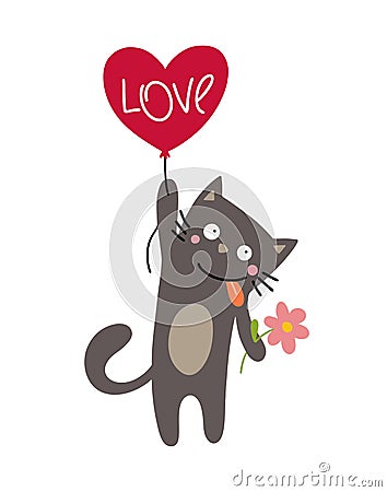 Cute crazy cat with pink heart balloon. Flat vector animal cartoon illustration card Vector Illustration