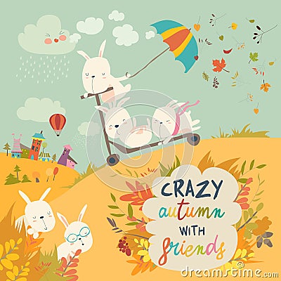 Cute crazy rabbits playing in autumn fall season Vector Illustration