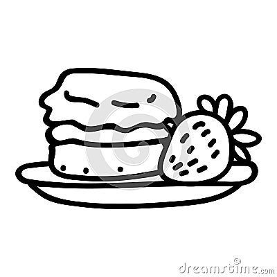 Cute cream tea pastry scone with cream and strawberry clipart. Hand drawn traditional cafe. Pastisserie fruit lineart in Vector Illustration