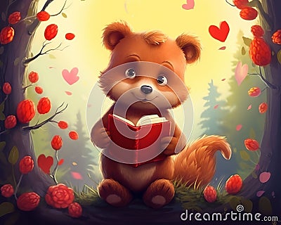 cute creature with a red heart. Cartoon Illustration