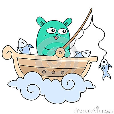 Cute creatures fishing on the boat doodle kawaii. doodle icon image Vector Illustration