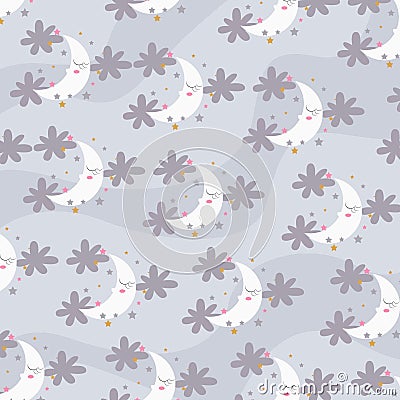 cute crescent moon pattern decorated with clouds around Vector Illustration