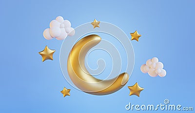 Cute crescent moon and stars on blue background. 3D render Stock Photo