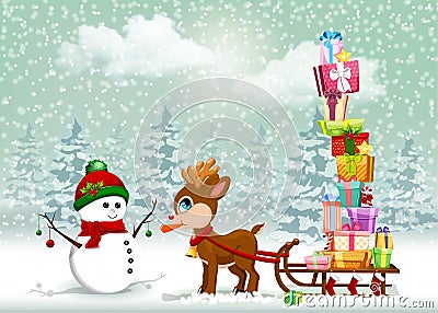 Cute Christmas cartoon scene with reindeer and snowman Stock Photo