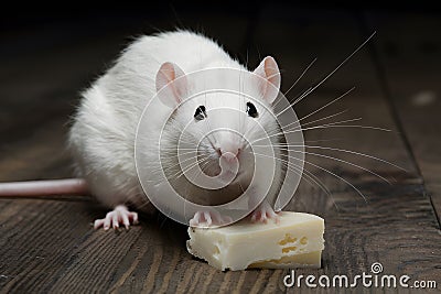 Cute critter close up of white tame rat with cheese Stock Photo