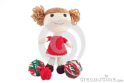 Cute Crocheted Doll In Red Dress Stock Photo