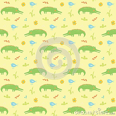 Cute Crocodile or Alligator with little bird Seamless Pattern, Cartoon Hand Drawn Animal Doodles Vector Illustration background Vector Illustration
