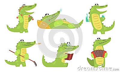 Cute Crocodile Cartoon Character in Different Situations Set, Funny Humanized Reptile Alligator Animal Vector Vector Illustration