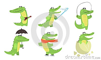 Cute Crocodile Cartoon Character Set, Funny Humanized Reptile Alligator Animal Different Activities Vector Illustration Vector Illustration